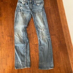 BKE Men's Straight Blue Jeans with Distressed Details 34 inch long.